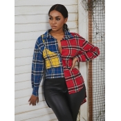 LW Button Design Plaid Asymmetry Blouses