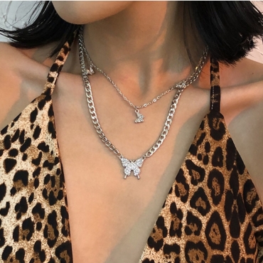 

LW Butterfly Decor Layered Necklace, Silver