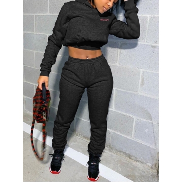 

LW Casual Hooded Collar Letter Print Black Two Piece Pants Set