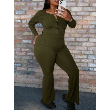 

LW Plus Size Casual Button Design Crop Top Pants Set, Army green