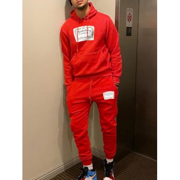 

LW Men Letter Print Pullover Tracksuit Set, Red