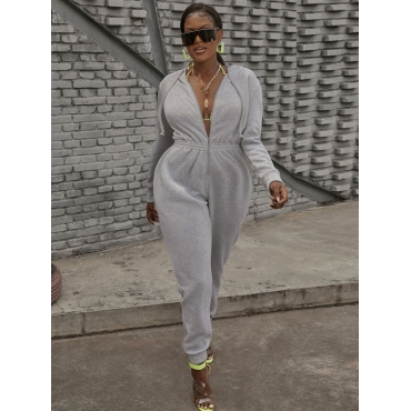 

LW Drawstring Zipper Design Sweat Jumpsuit, Grey