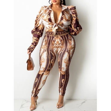 

LW Plus Size Tribal Print Button Design Pants Set, Brown