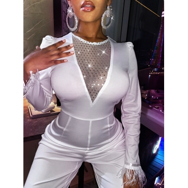 

LW Feather Decor Wide Leg Jumpsuit, White