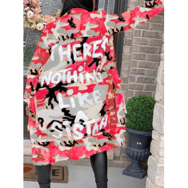 

LW Plus Size Letter Print Back Camo Coat, Red