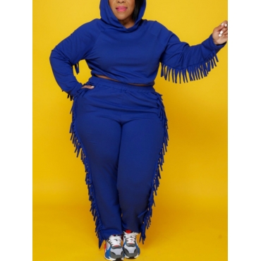 

LW Plus Size Hooded Collar Tassel Design Pants Set, Deep blue
