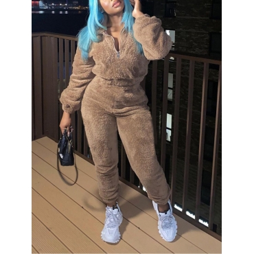 

LW V Neck Teddy Pants Set, Light tan