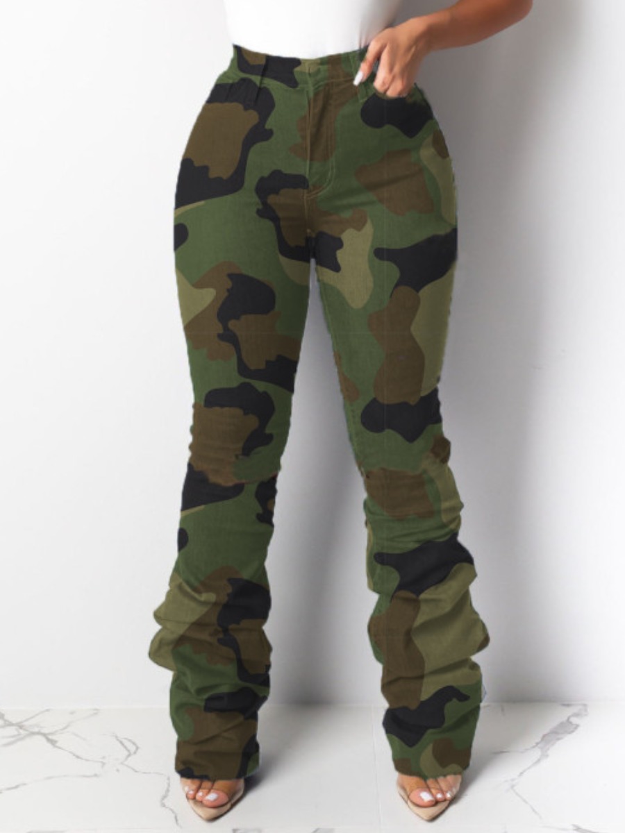 

LW High-waisted Camo Print Stacked Jeans, Army green