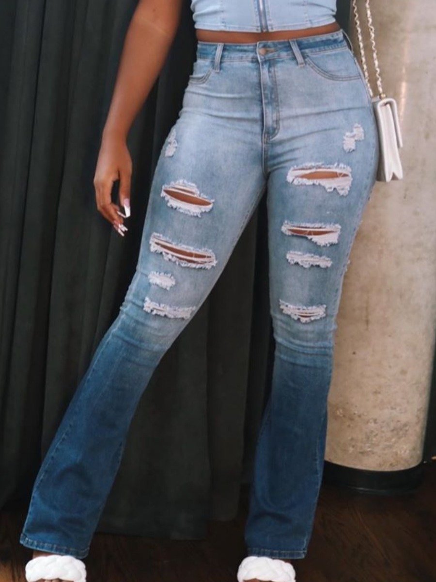 

LW High Waist Ripped Gradient Print Jeans, Blue