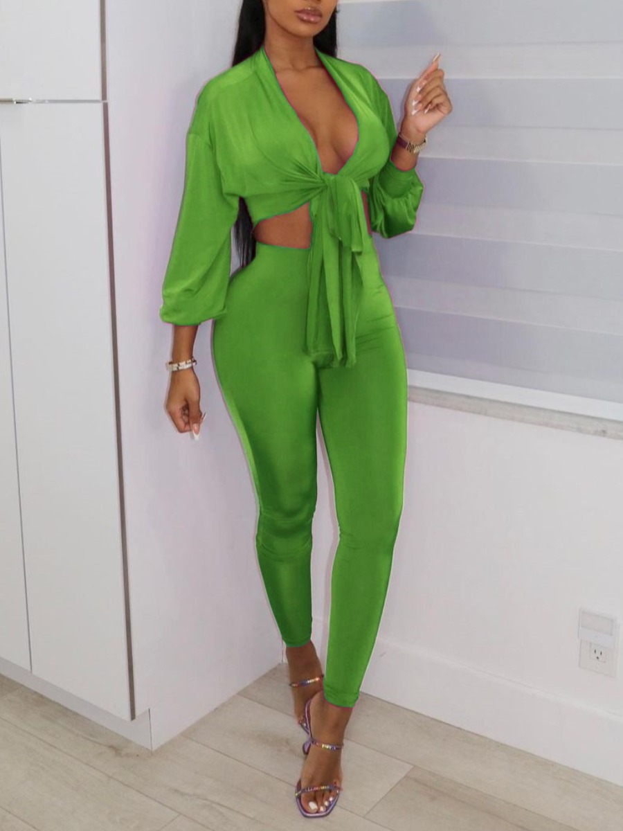 

LW SXY Waist Tie Skinny Crop Pants Set, Green