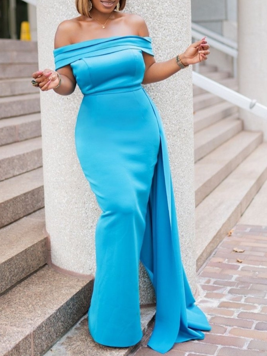

LW Off The Shoulder Extra Waist Cloak Prom Dress, Blue