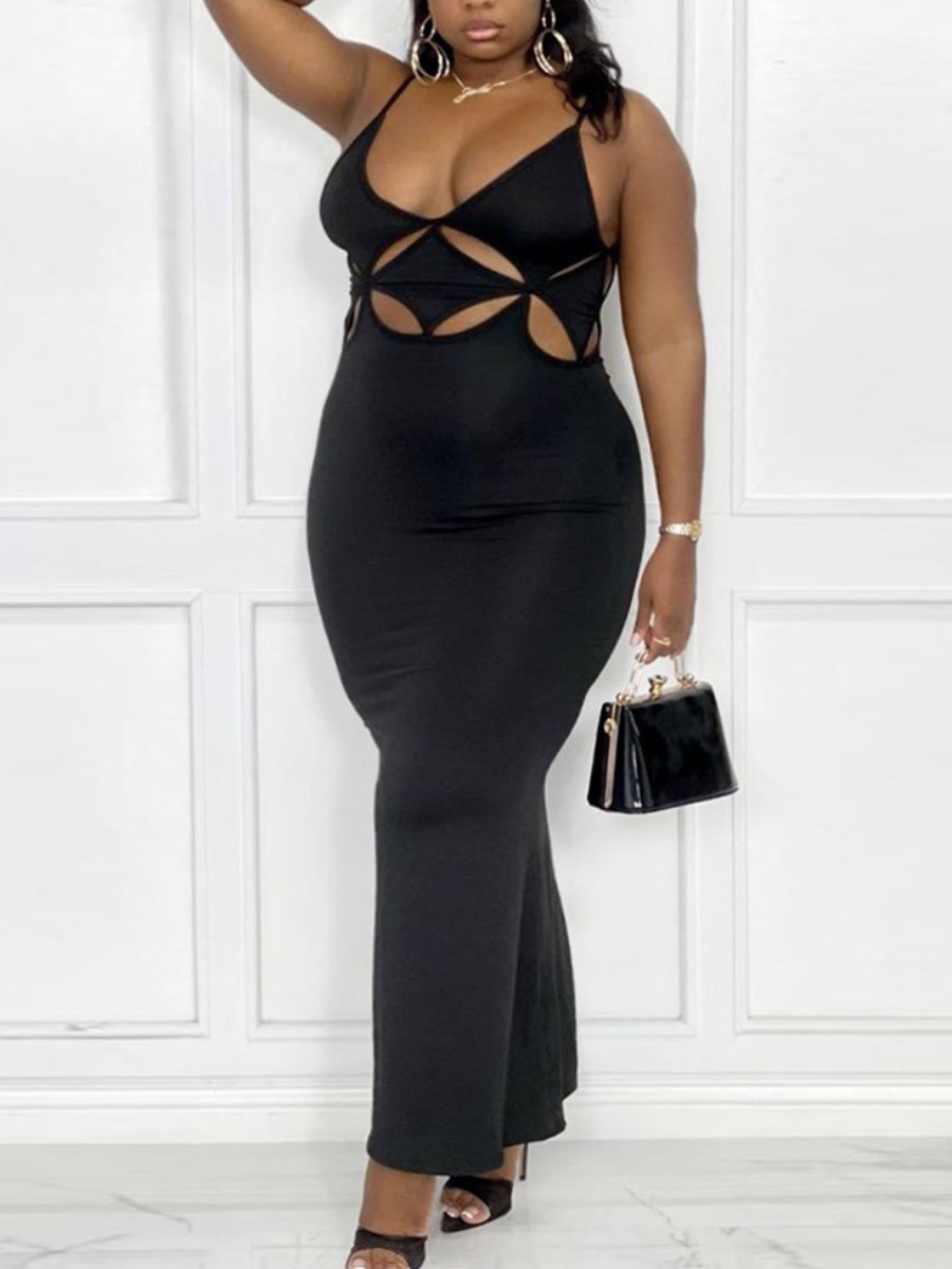 

LW SXY Plus Size Hollow-out Design Solid Bodycon Dress, Black