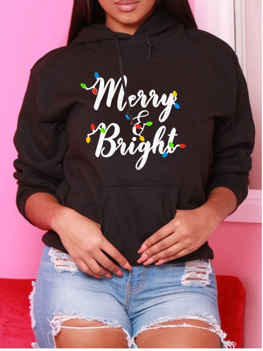 

LW Plus Size Pocket Design Letter Print Hoodie, Black