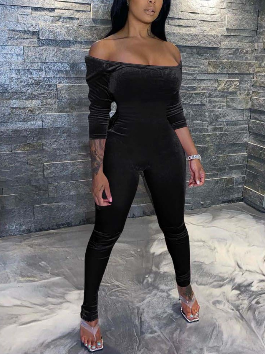 

LW SXY Velvet Off The Shoulder Solid Jumpsuit, Black