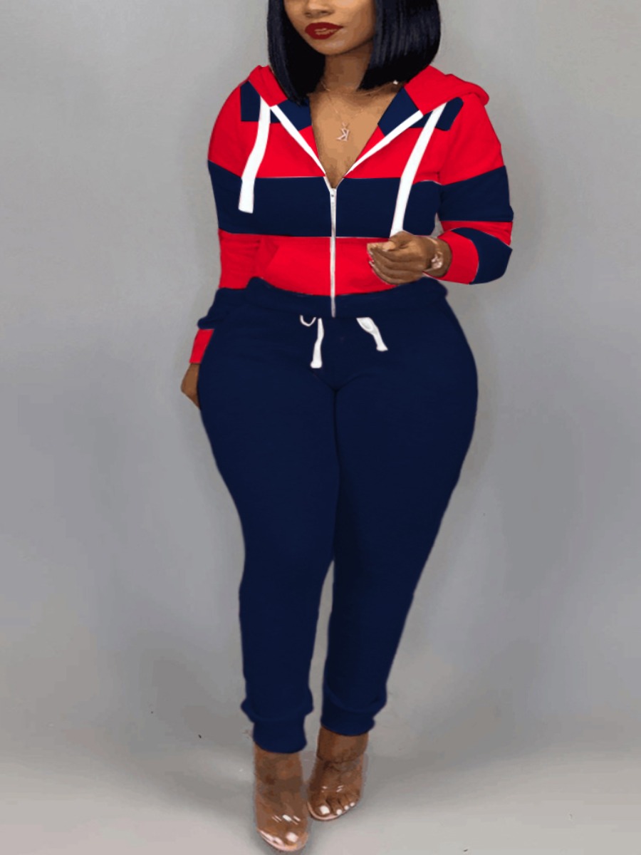

LW Plus Size Pocket Design Striped Tracksuit Set, Blue