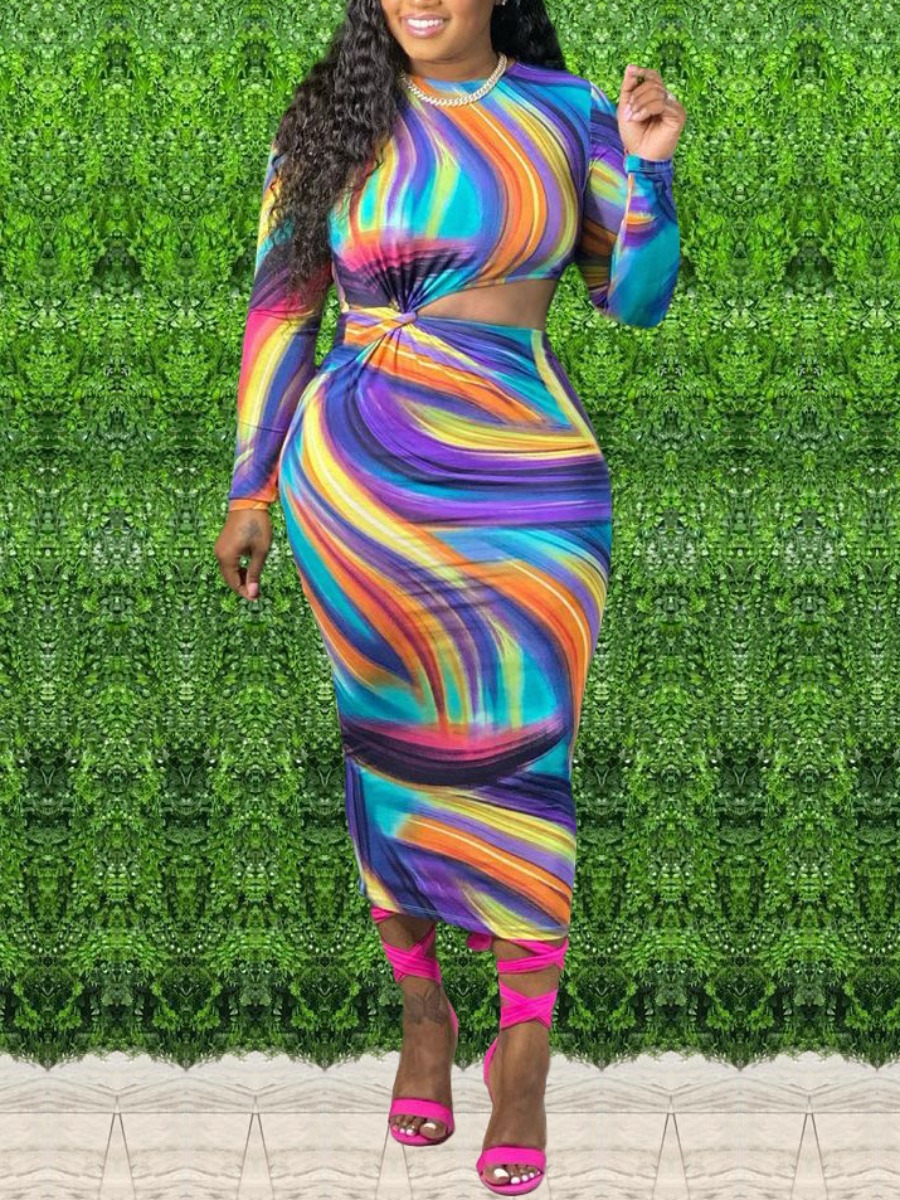 

LW SXY Milk Fiber Rainbow Striped Cut Out Dress, Multi