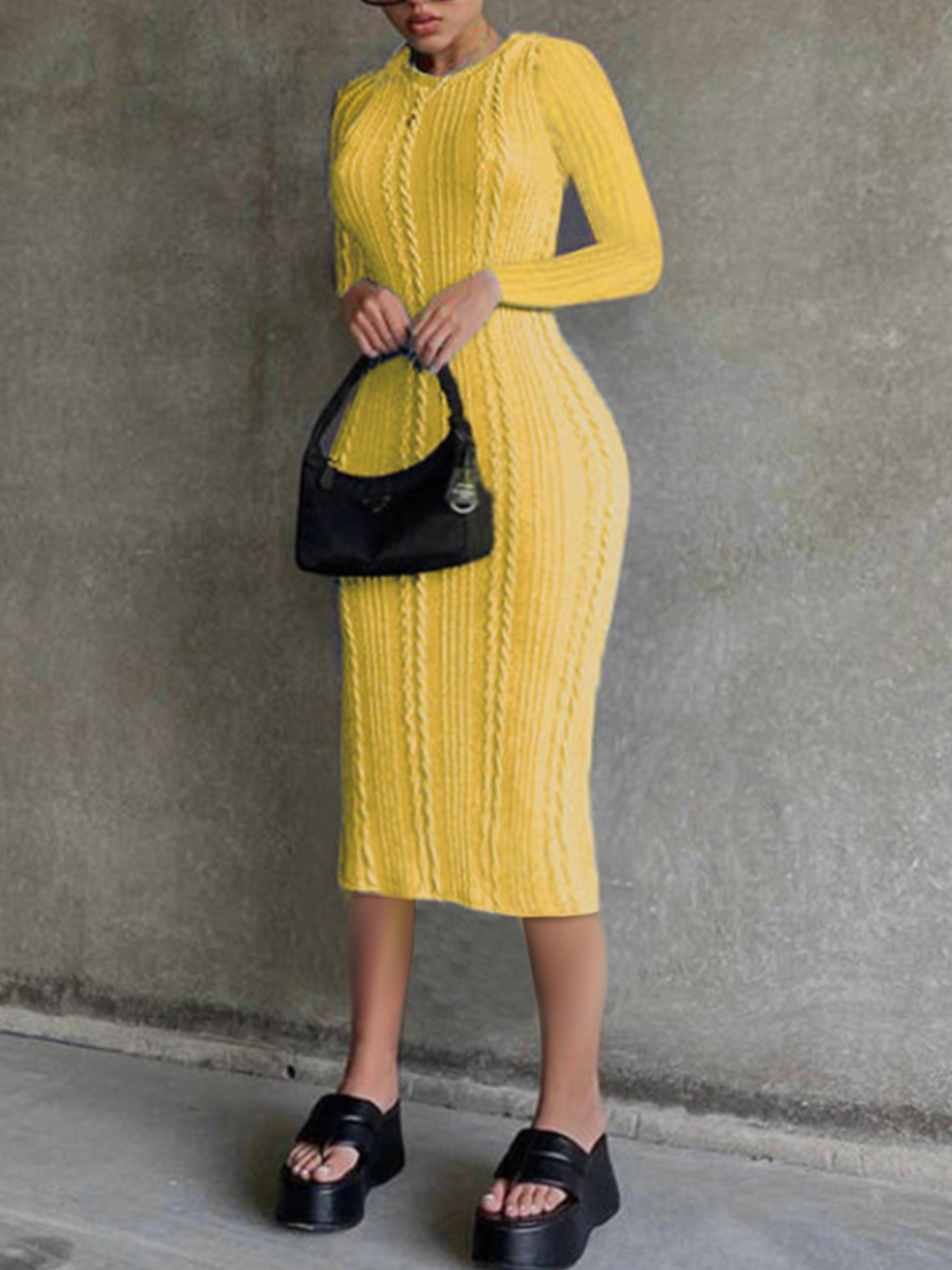 

LW BASICS Round Neck Rib-Knit Dress, Yellow