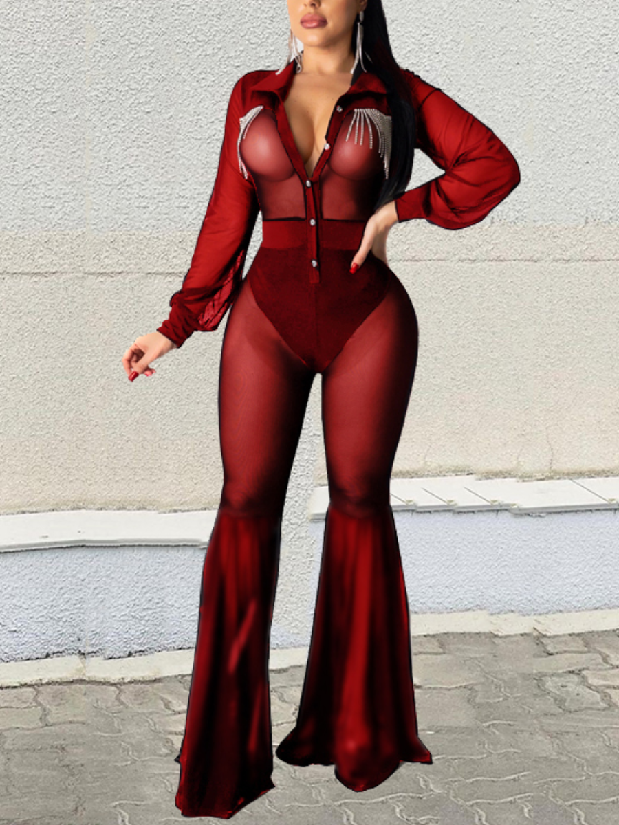 

LW SXY See-through Flared Jumpsuit, Red