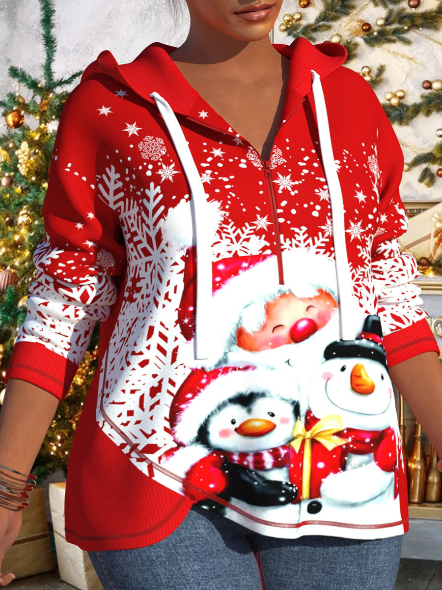 

LW Plus Size Santa Claus Snowflakes Print Hoodie, Red