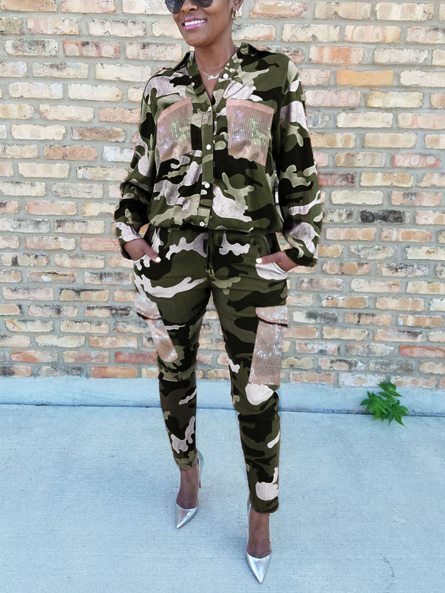 

LW Camo Print Pocket Design Pants Set, Green