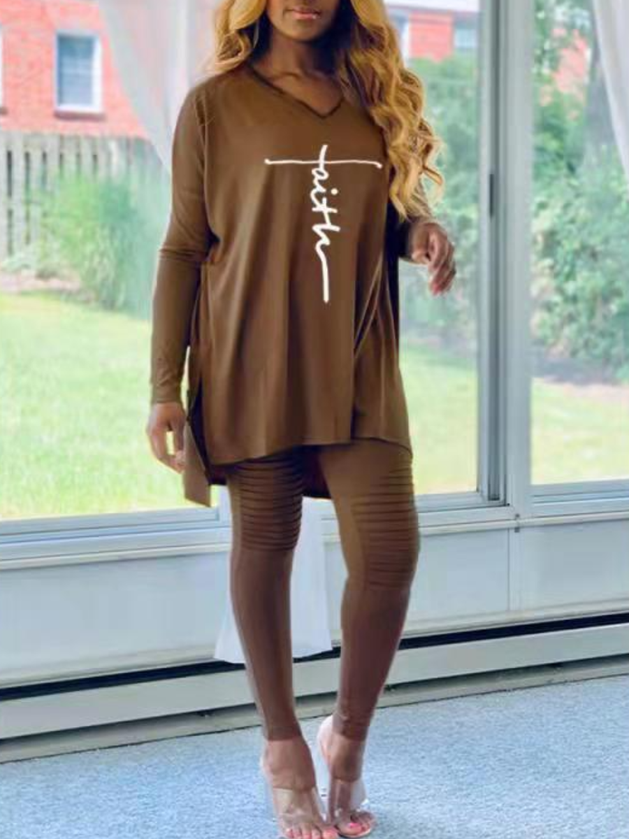 

LW Faith Letter Print Side Slit Pants Set, Coffee