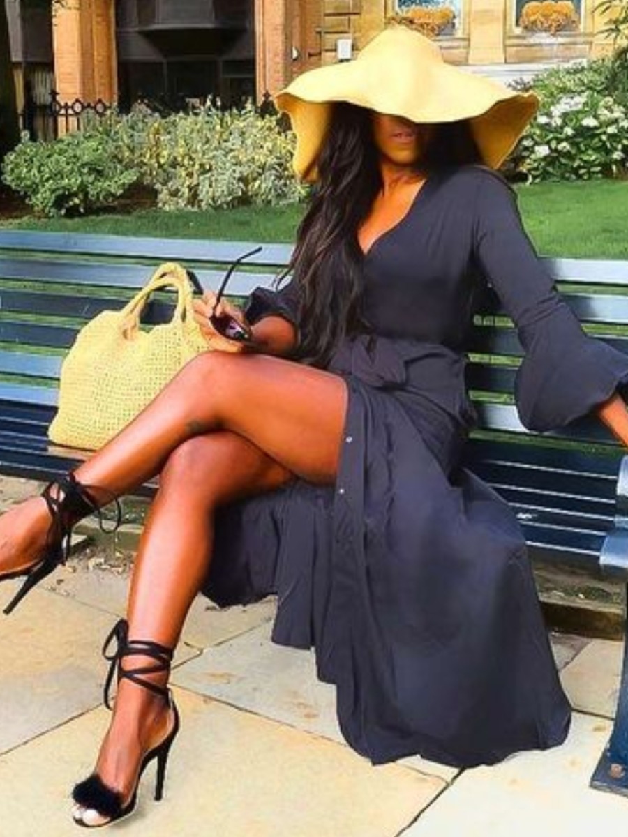 LW Casual V Neck Buttons Design Black Floor Length Dress