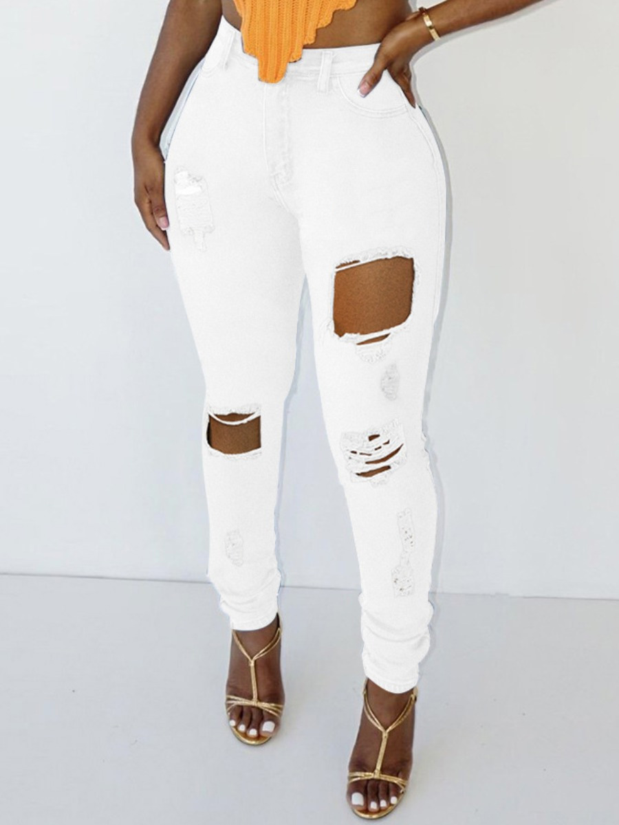 

LW High-waisted Ripped Jeans (No Stretch), White