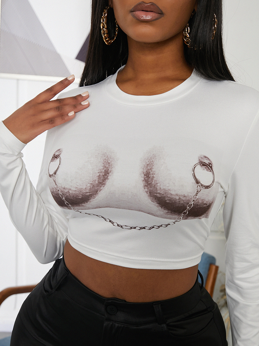 

LW Chain O-ring Print Crop Top Skinny T-shirt (Without Necklace), White