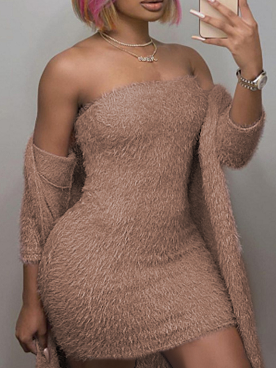 

LW Off The Shoulder Plush Dress Set, Pink