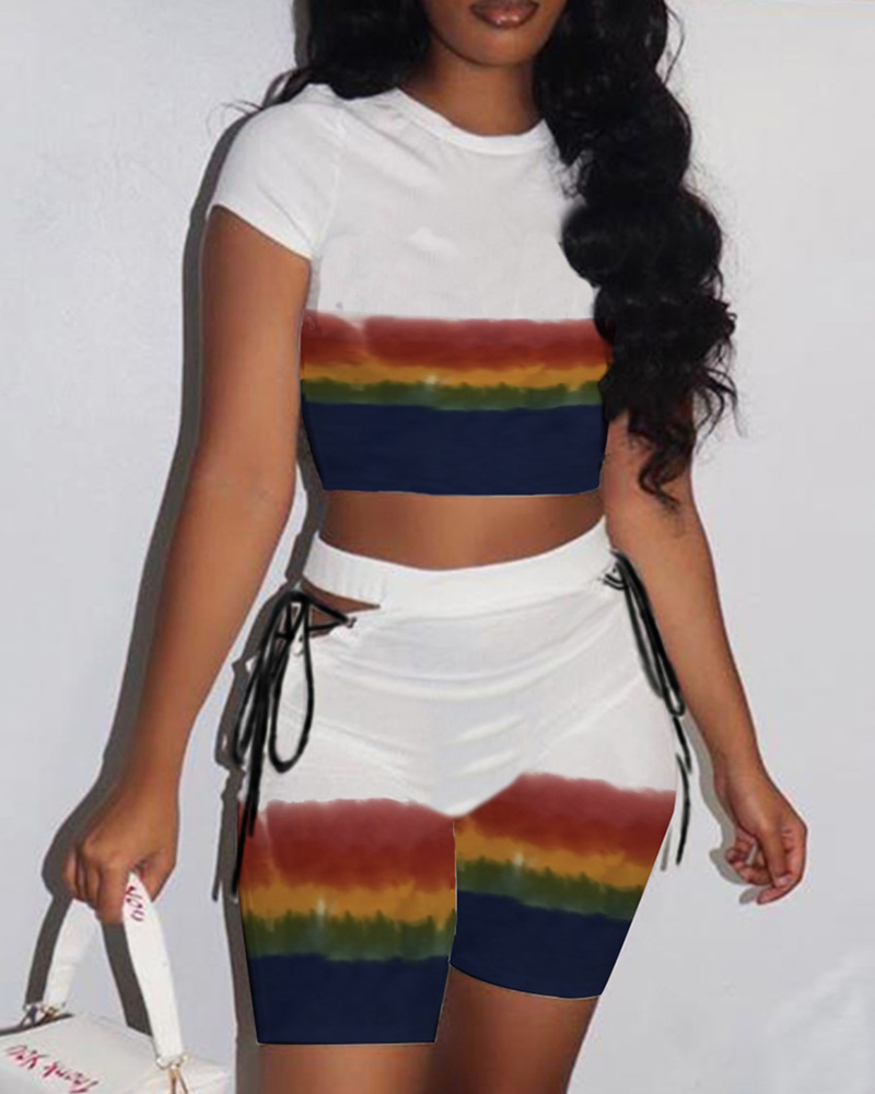

LW Gradient Stripes Bandage Hollow-out Design Shorts Set, White