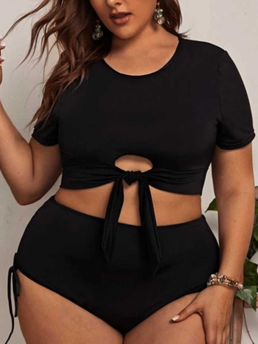 

LW Plus Size Cut Out Tie Front Drawstring Tankini, Black