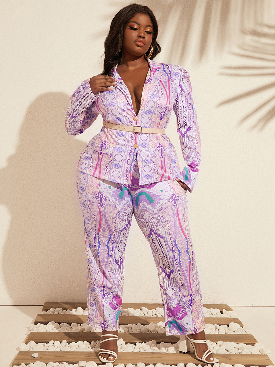 

LW Plus Size Turndown Collar Mixed Print Pants Set, Light purple