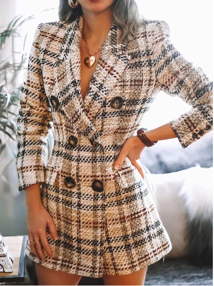 

LW Plaid Print Double Breasted Blazer Dress, Khaki