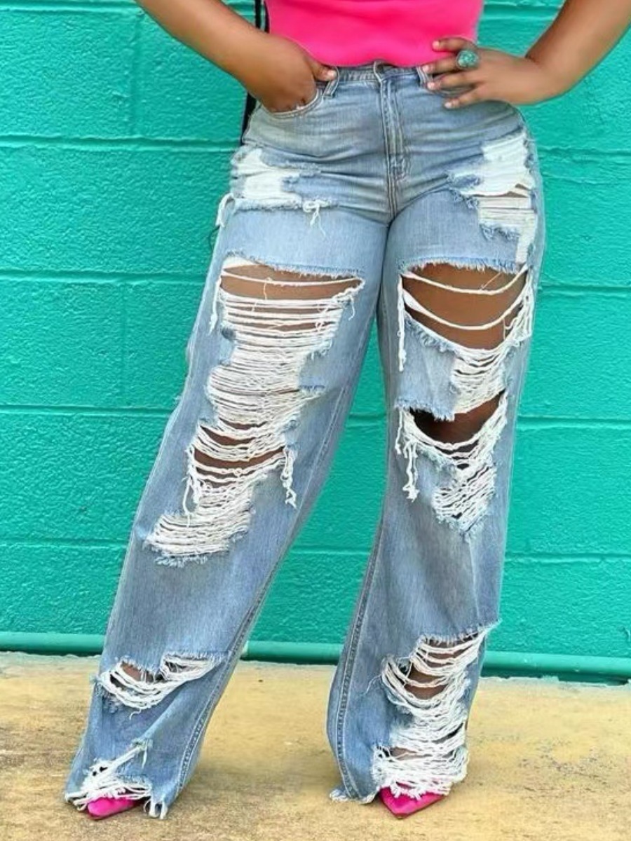 LW Mid Waist Ripped Wide Leg Jeans