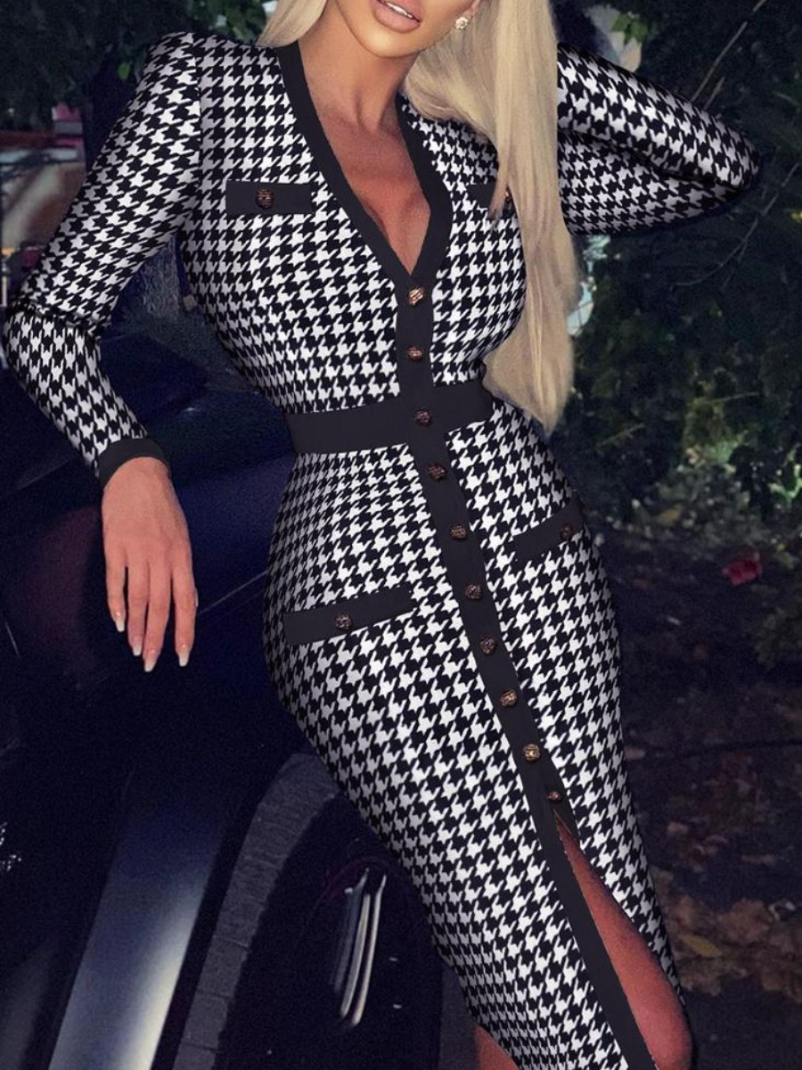 

LW SXY V Neck Button Houndstooth Design Bodycon Dress, Black