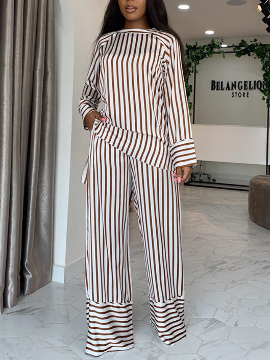 

LW Striped Wide Leg Pants Set, Brown stripes
