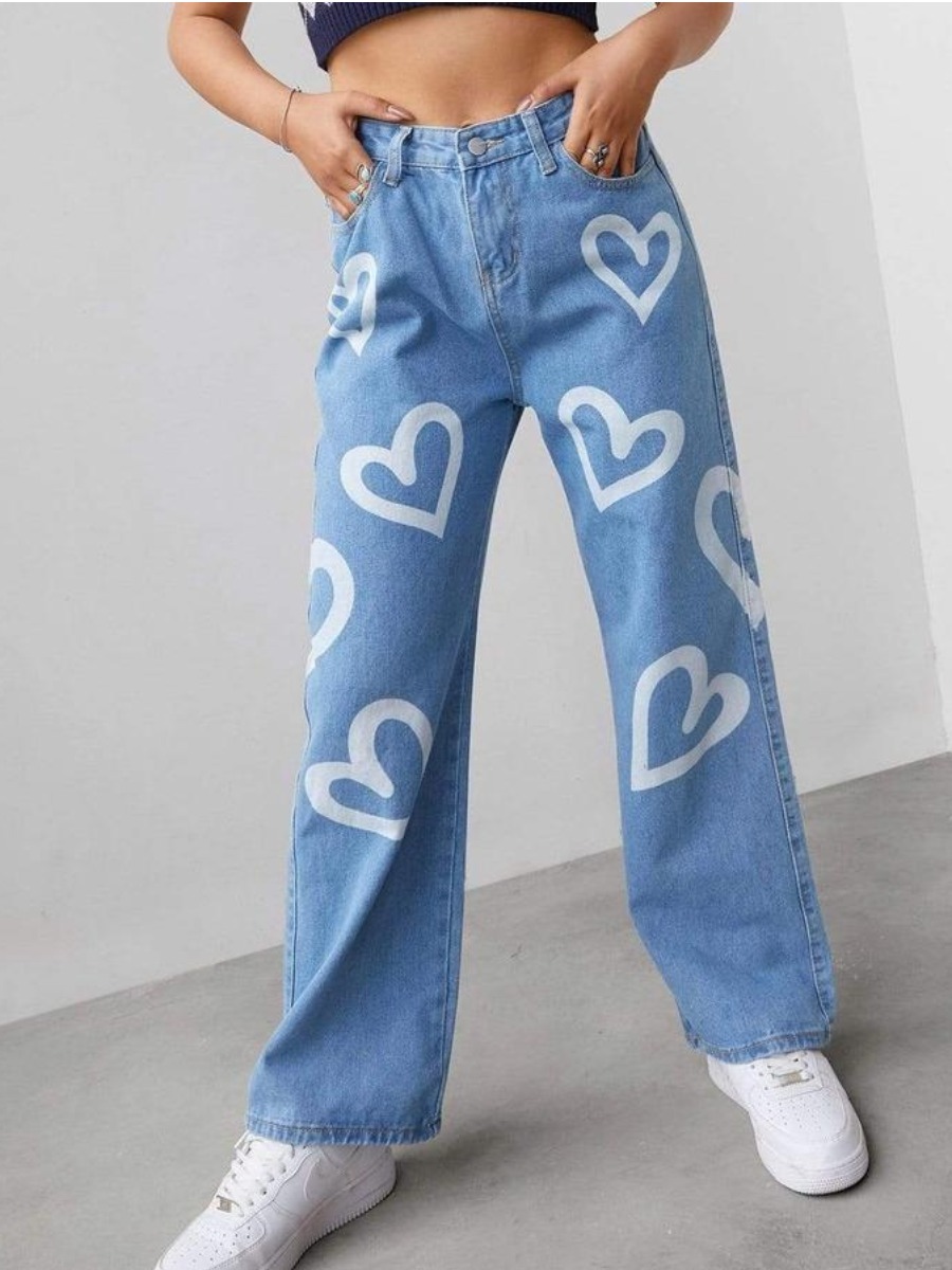 

LW Heart Print Straight Jeans, Blue