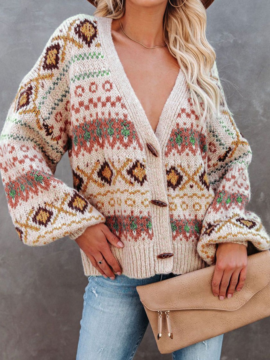 

LW Dropped Shoulder Geometric Print Cardigan, Cream-colored