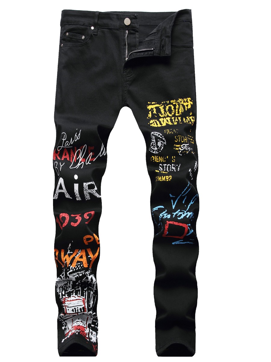 

LW Men Letter Graffiti Print Skinny Jeans, Black