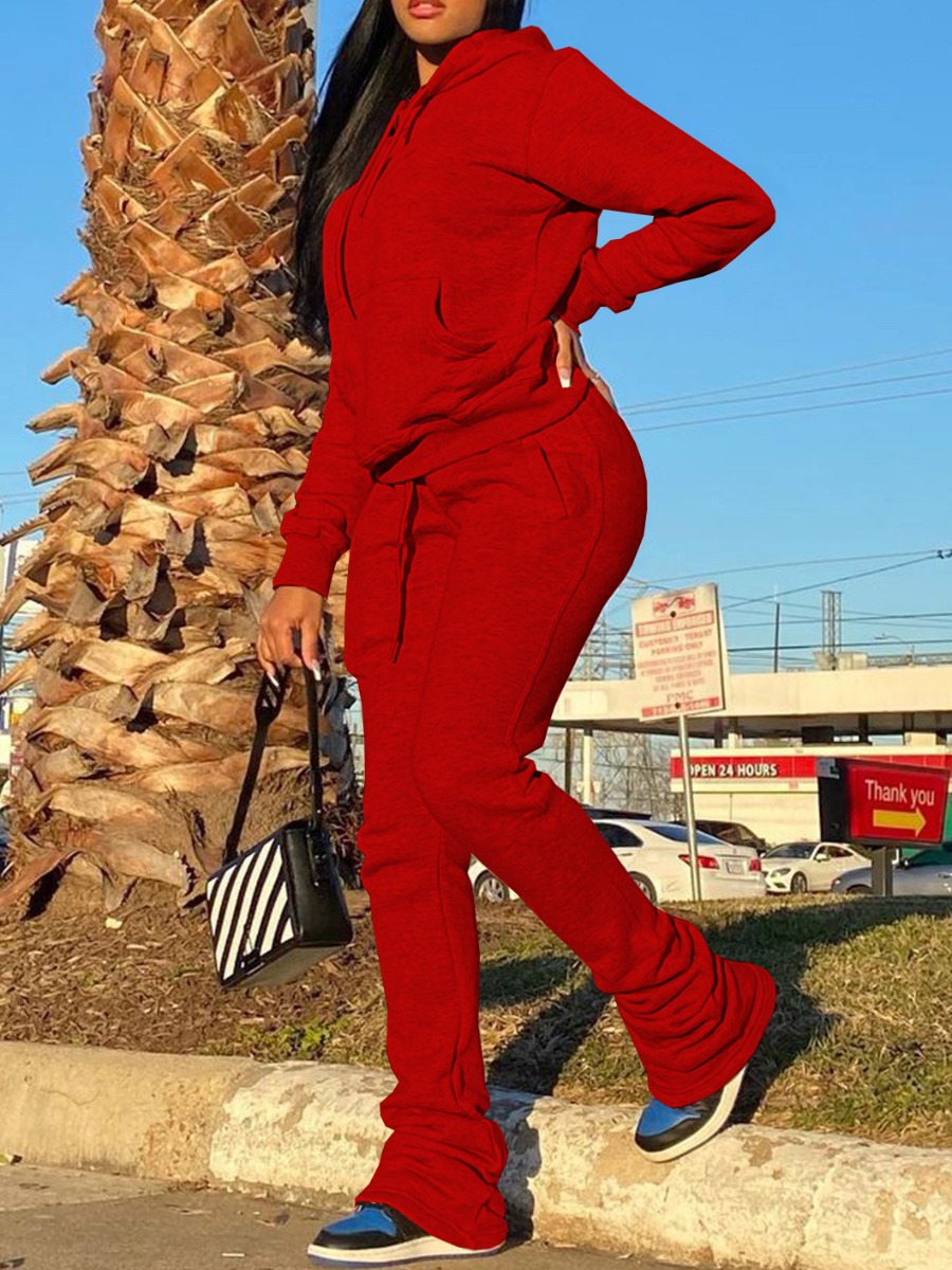 

LW Kangaroo Pocket Stacked Tracksuit Set, Red