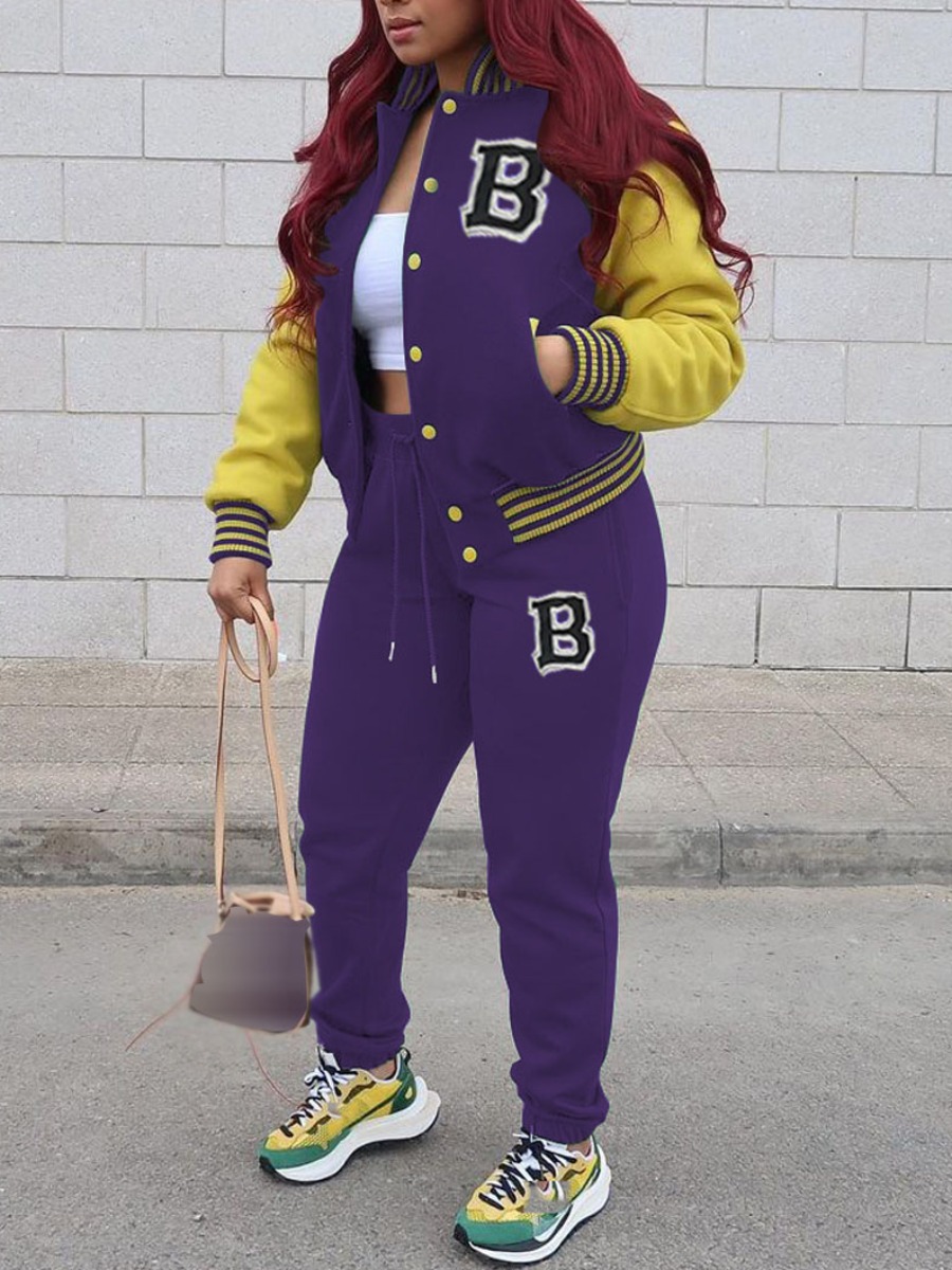 

LW Letter Decor Striped Tracksuit Set, Purple