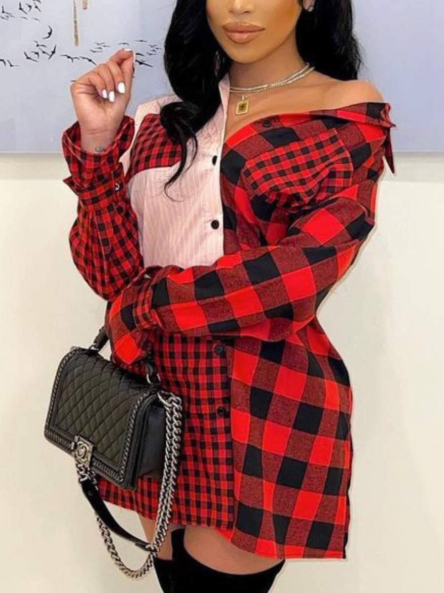 

LW Plaid Print Patchwork Shirt Dress, Red