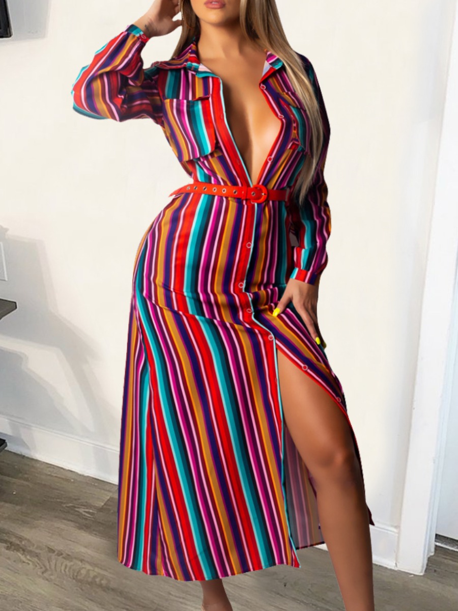 

LW SXY Button Design Striped Multicolor Shirt Dress, Multicolor mstn