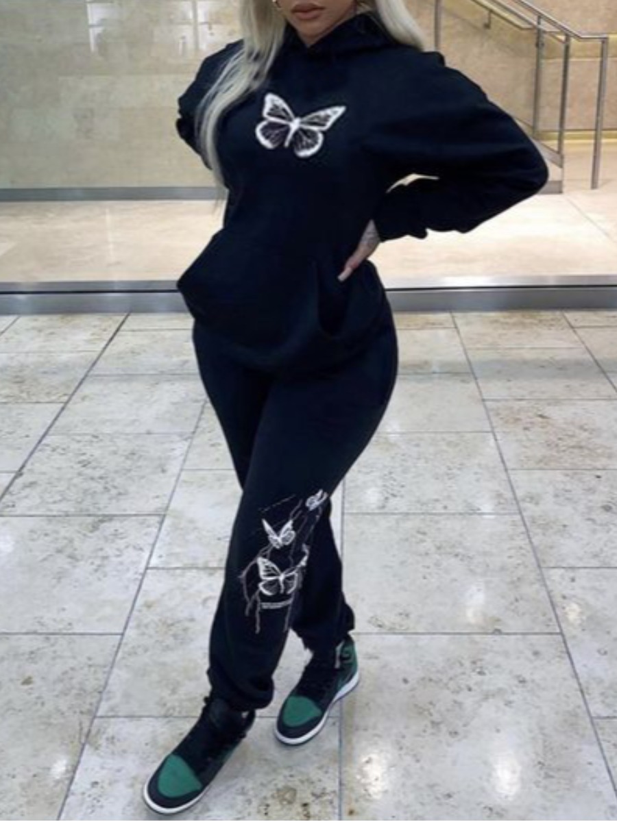 

LW Butterfly Print Kangaroo Pocket Tracksuit Set, Black