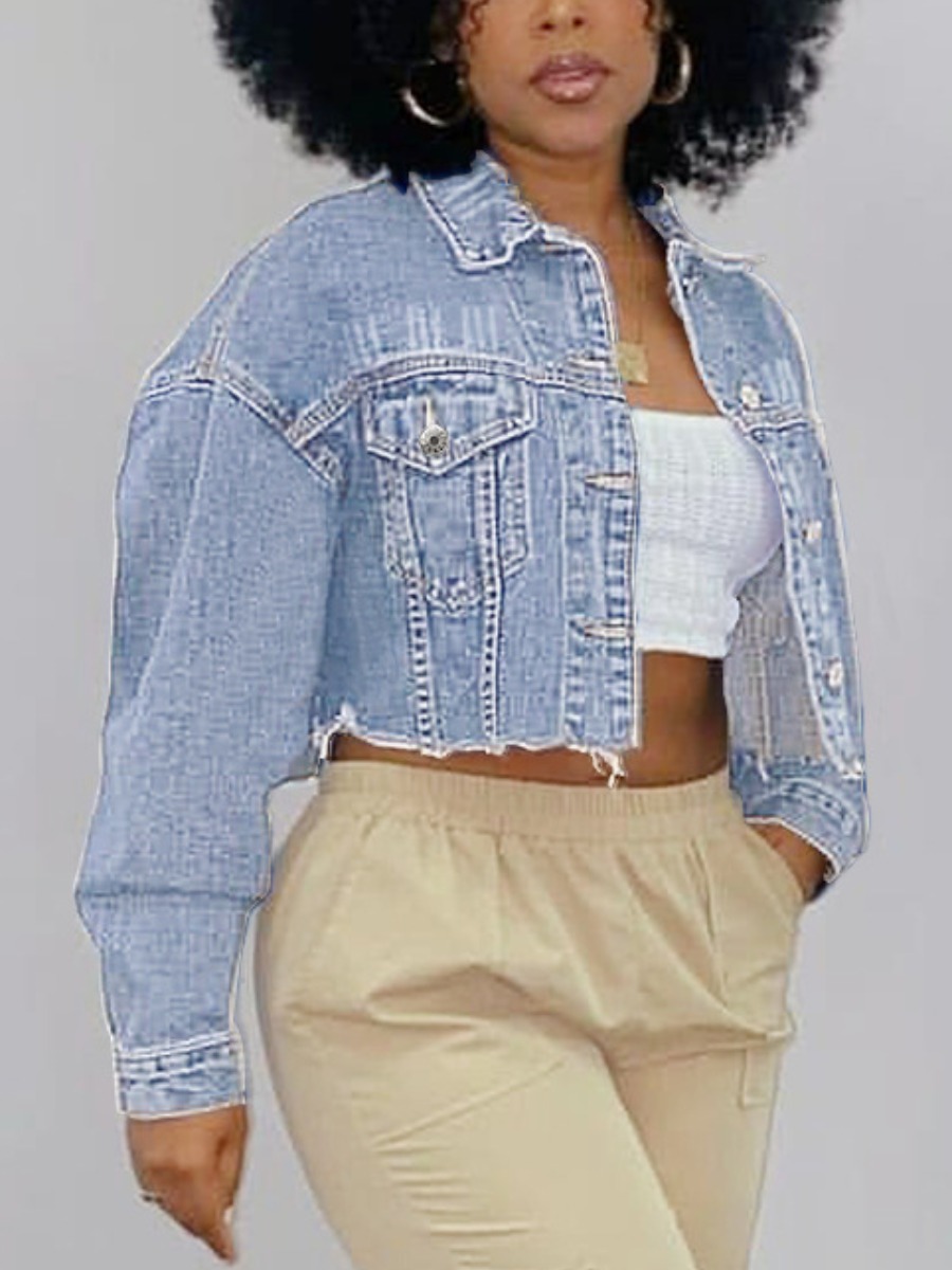 

LW Turndown Collar Raw Edge Denim Jacket, Baby blue