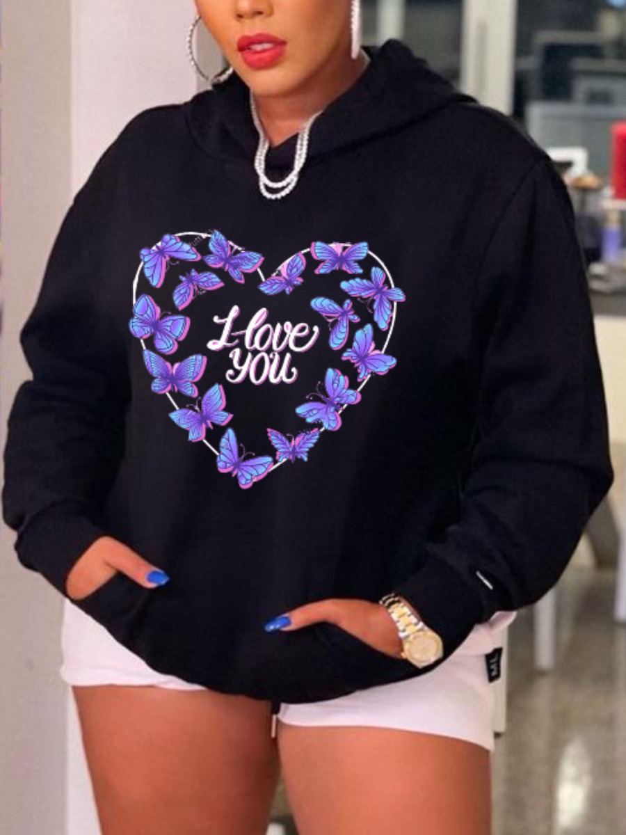 

LW Butterfly Letter Print Hoodie, Black