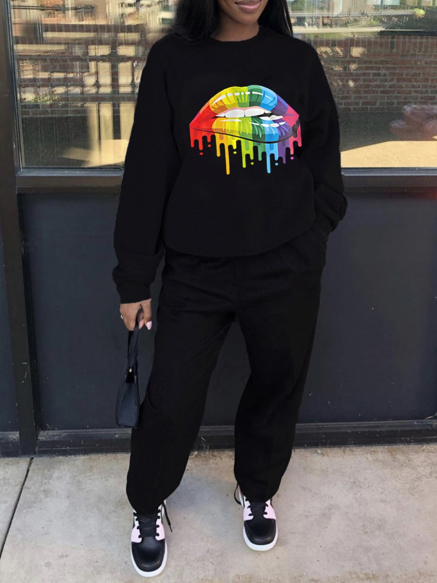 

LW Round Neck Lip Print Tracksuit Set, Black