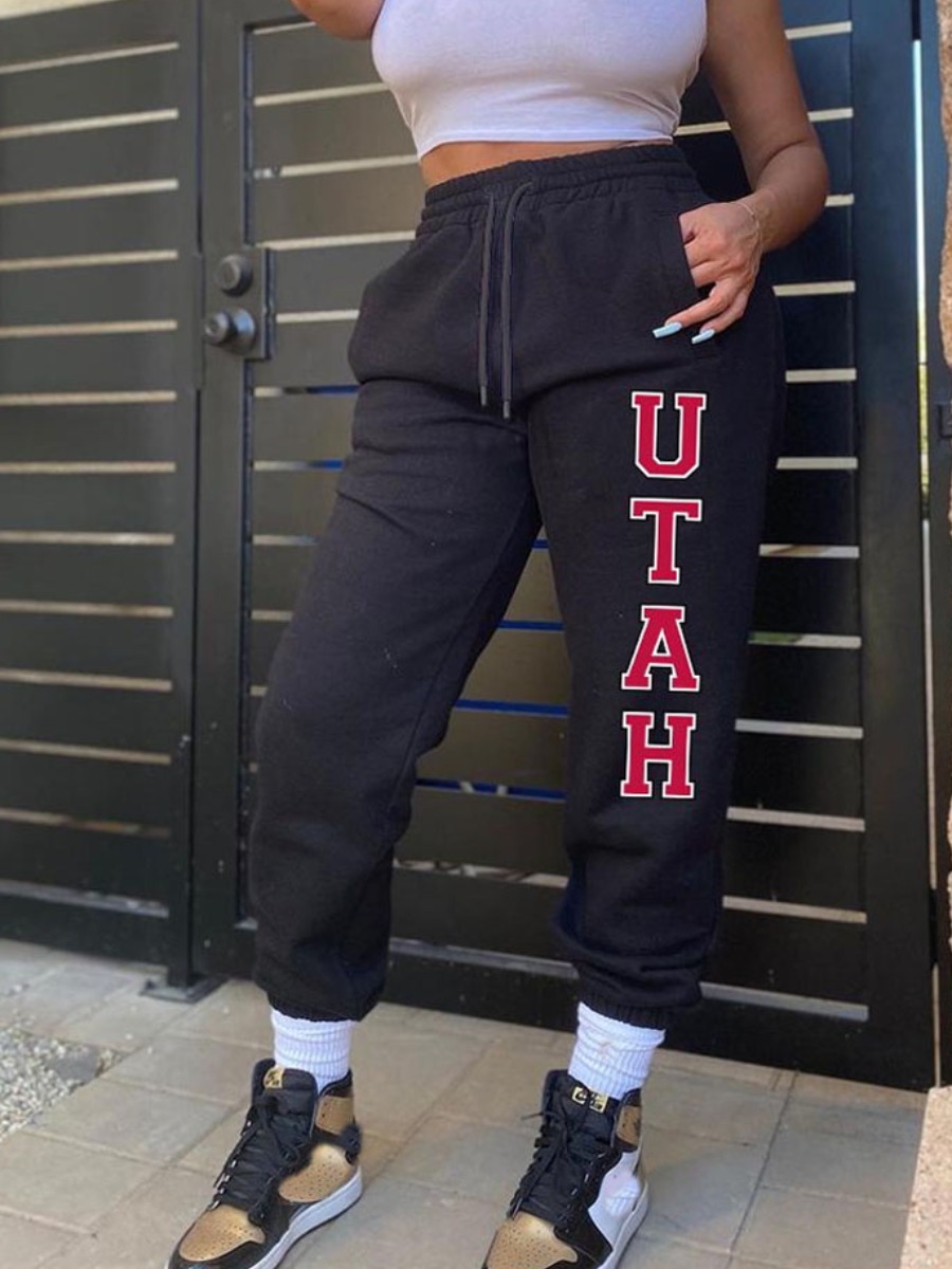 

LW Letter Print Drawstring Sweatpants, Black