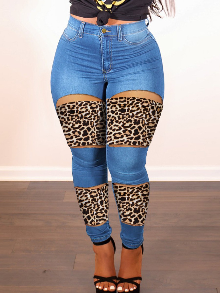 

LW Ripped Leopard Print Skinny Jeans, Blue