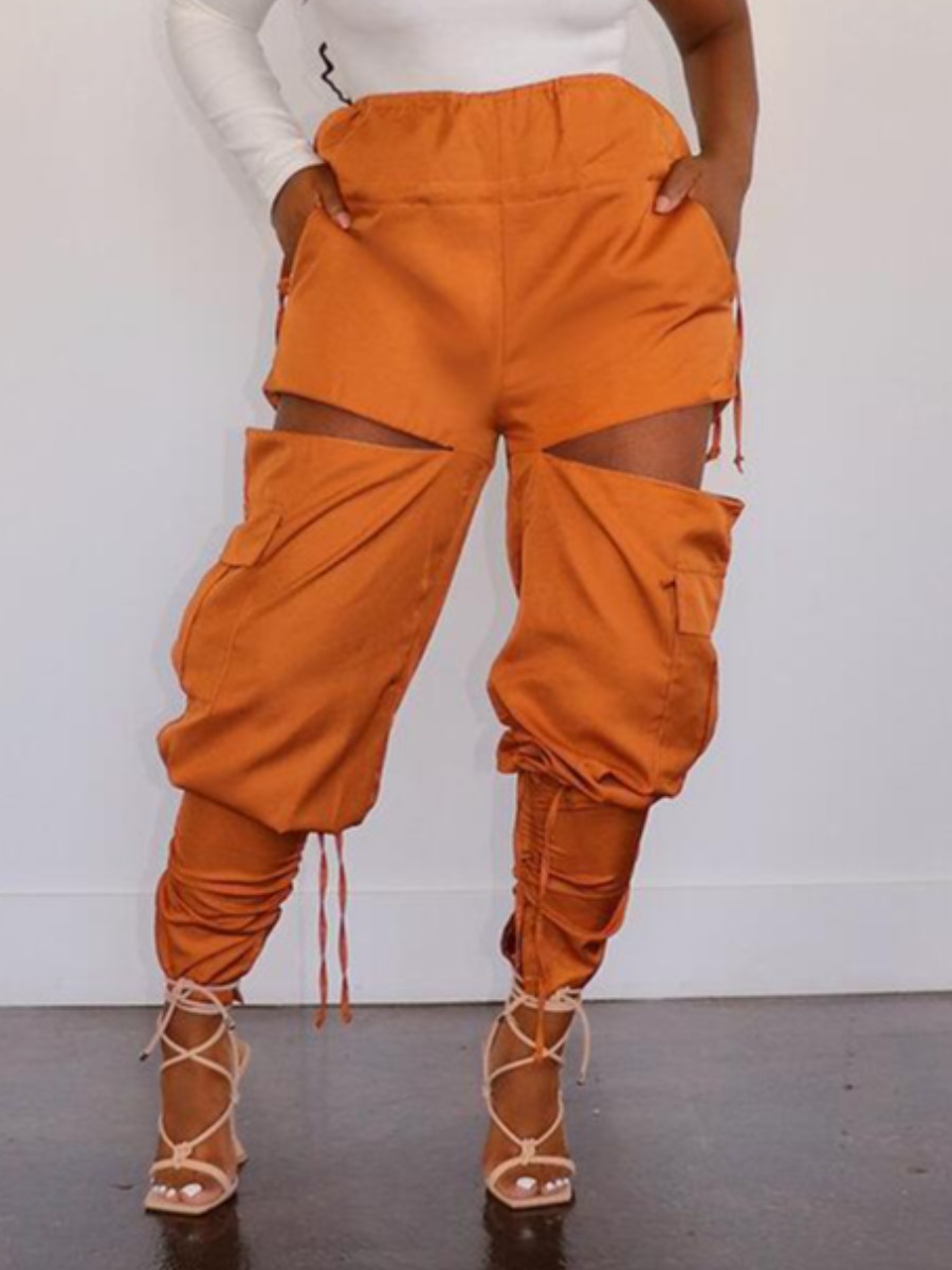 

LW Drawstring Side Pocket Zipper Loose Pants, Orange